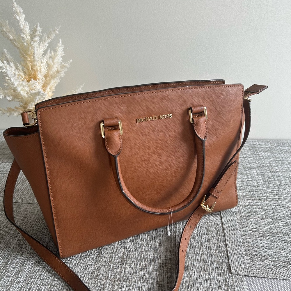 🌷MICHAEL KORS🌷Brown Saffiano Leather Satchel Crossbody Selma Medium Bag - Picture 9 of 13
